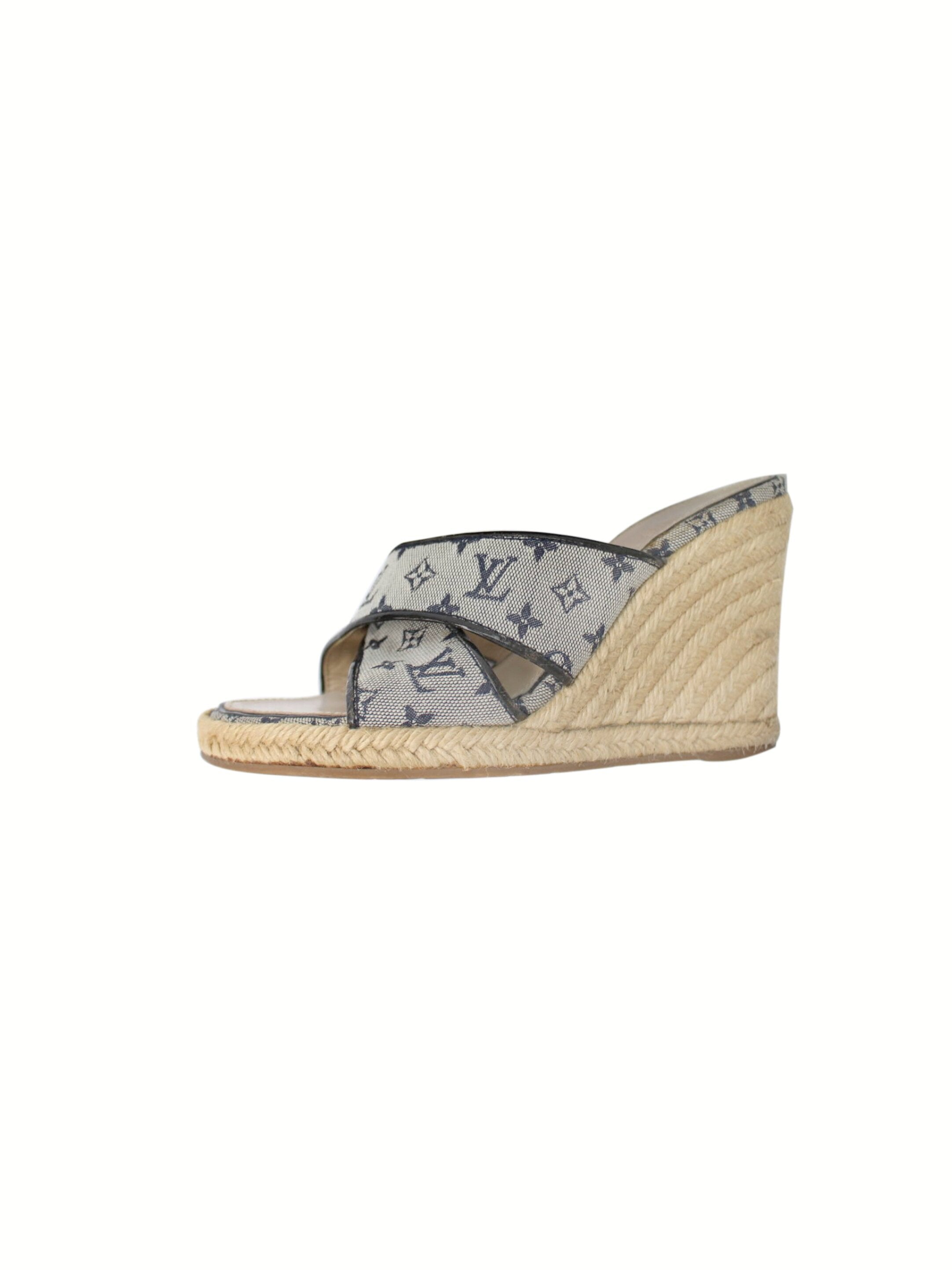 Louis Vuitton Blue Denim Monogram Denim Espadrille Wedges Size 7