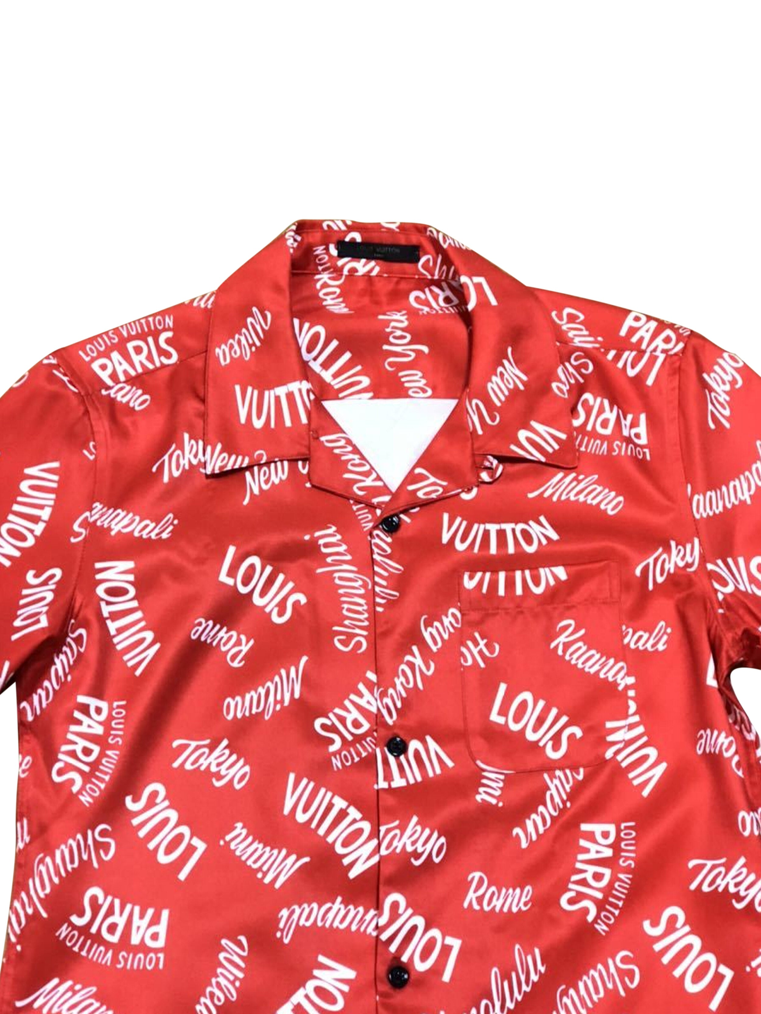 Louis Vuitton Red City Logo Printed Silk Hawaiian Shirt XXL Louis