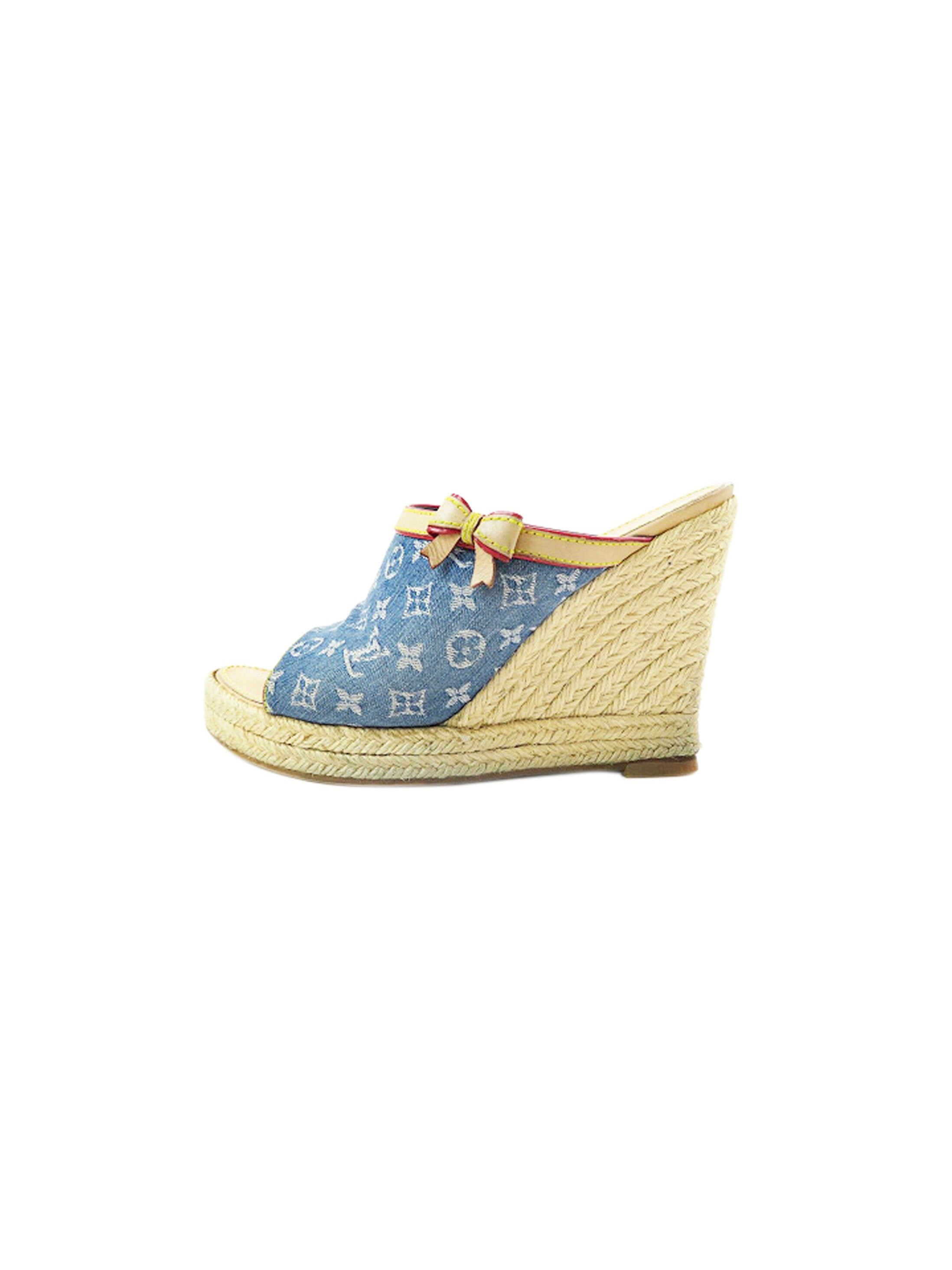 Louis Vuitton Beige Monogram Denim & Leather Espadrilles Wedge Sandals Size  37.5 Louis Vuitton