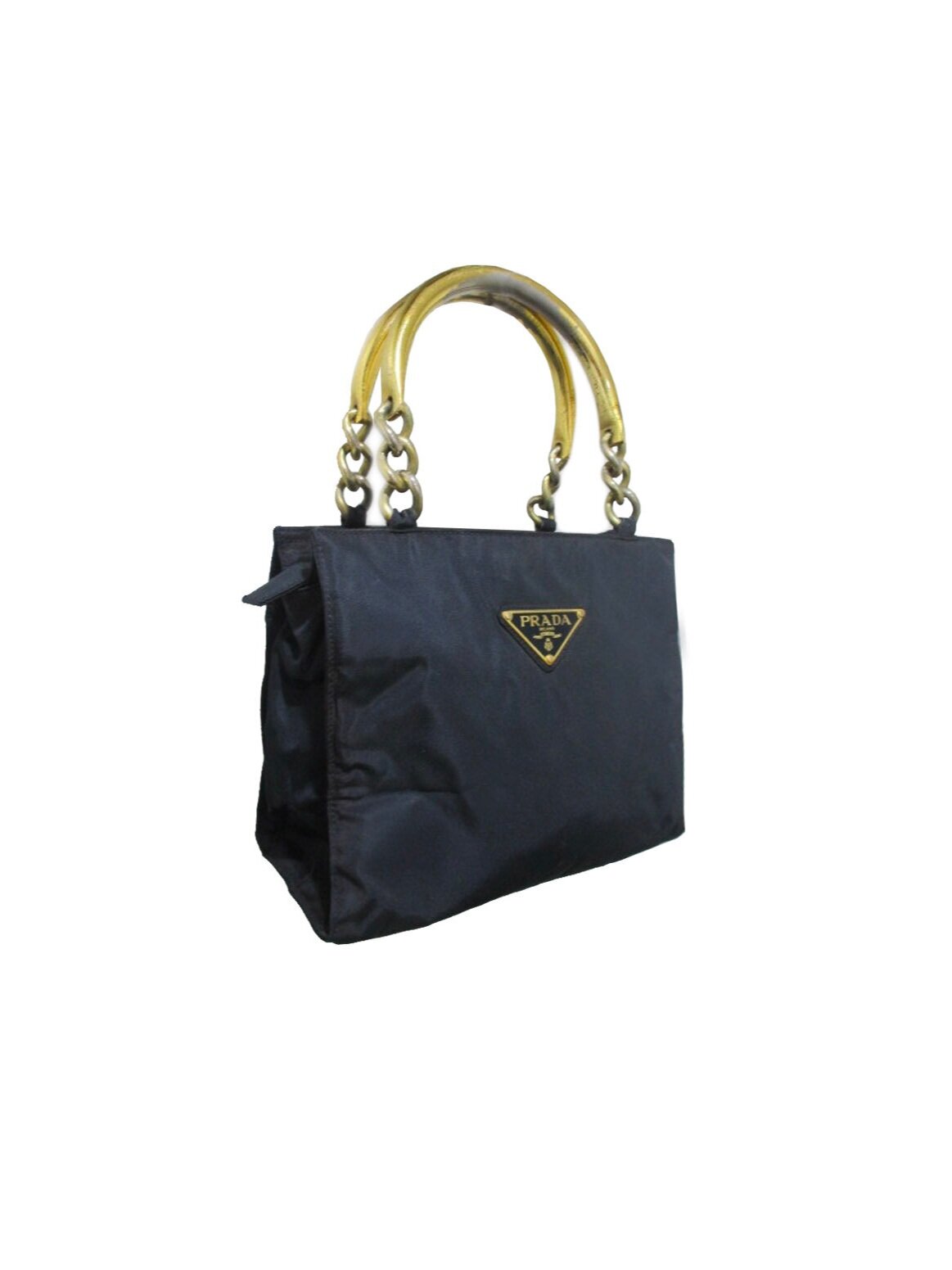 PRADA Nylon Tote Bag With Leather Chain Strap Gold Hardware 