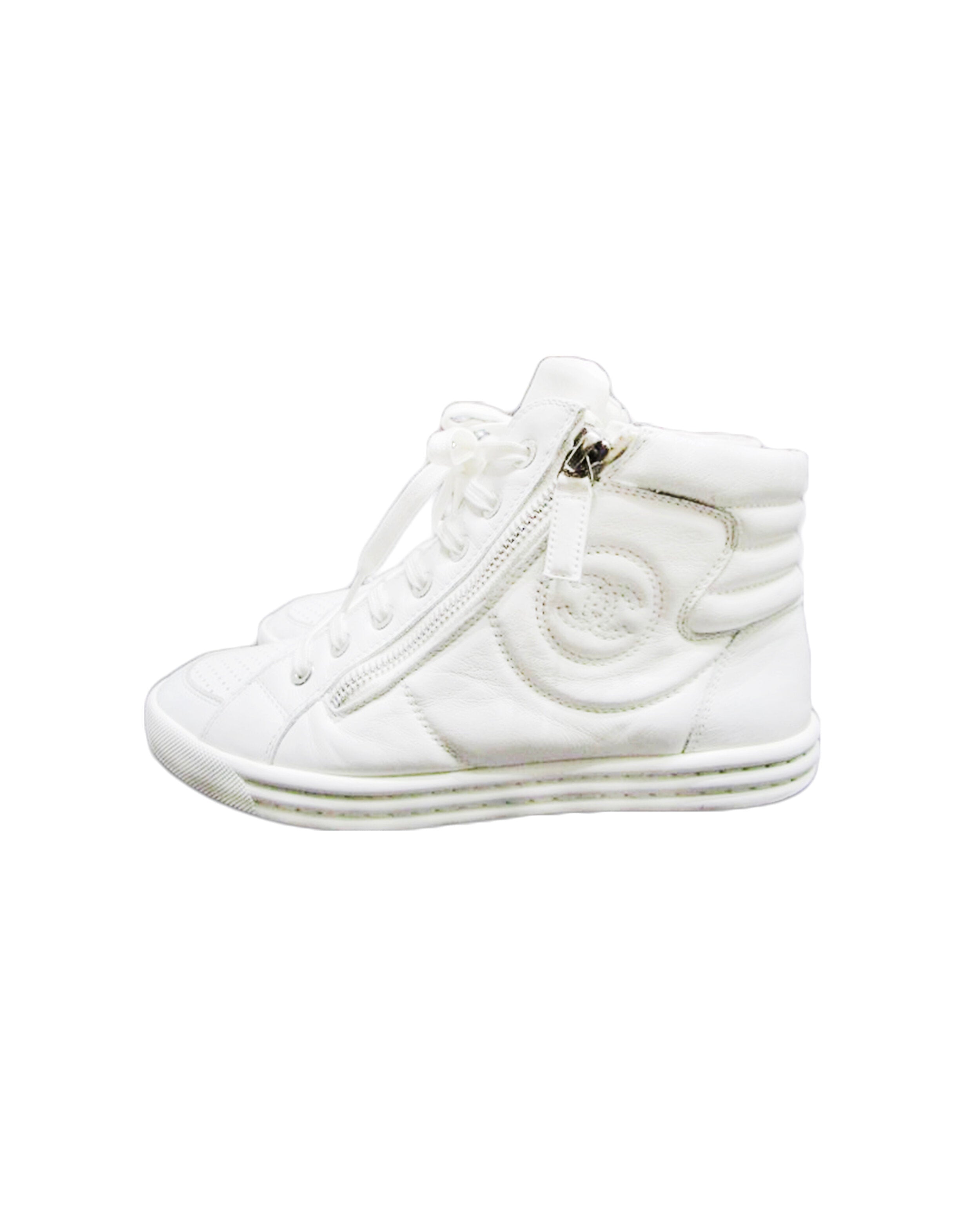 Chanel CC Logo High Cut Sneakers String Shoes White Black