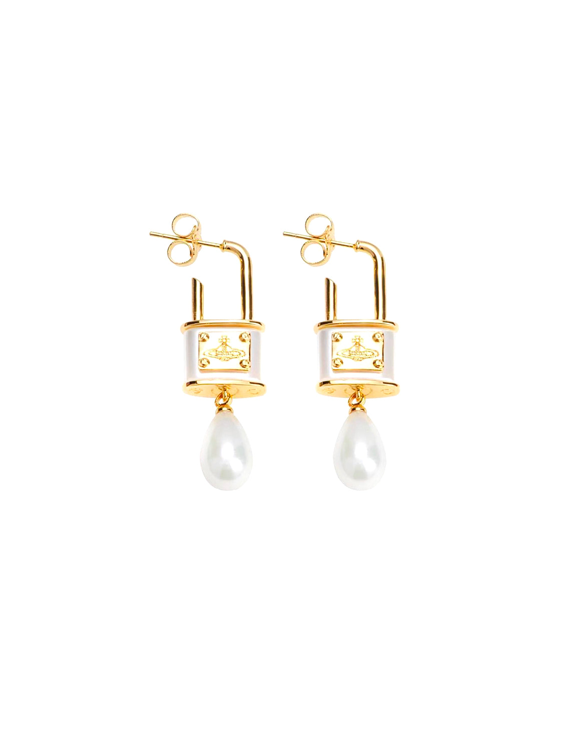 Vivienne Westwood 2010s Gold Lock Pearl Dangle Earrings