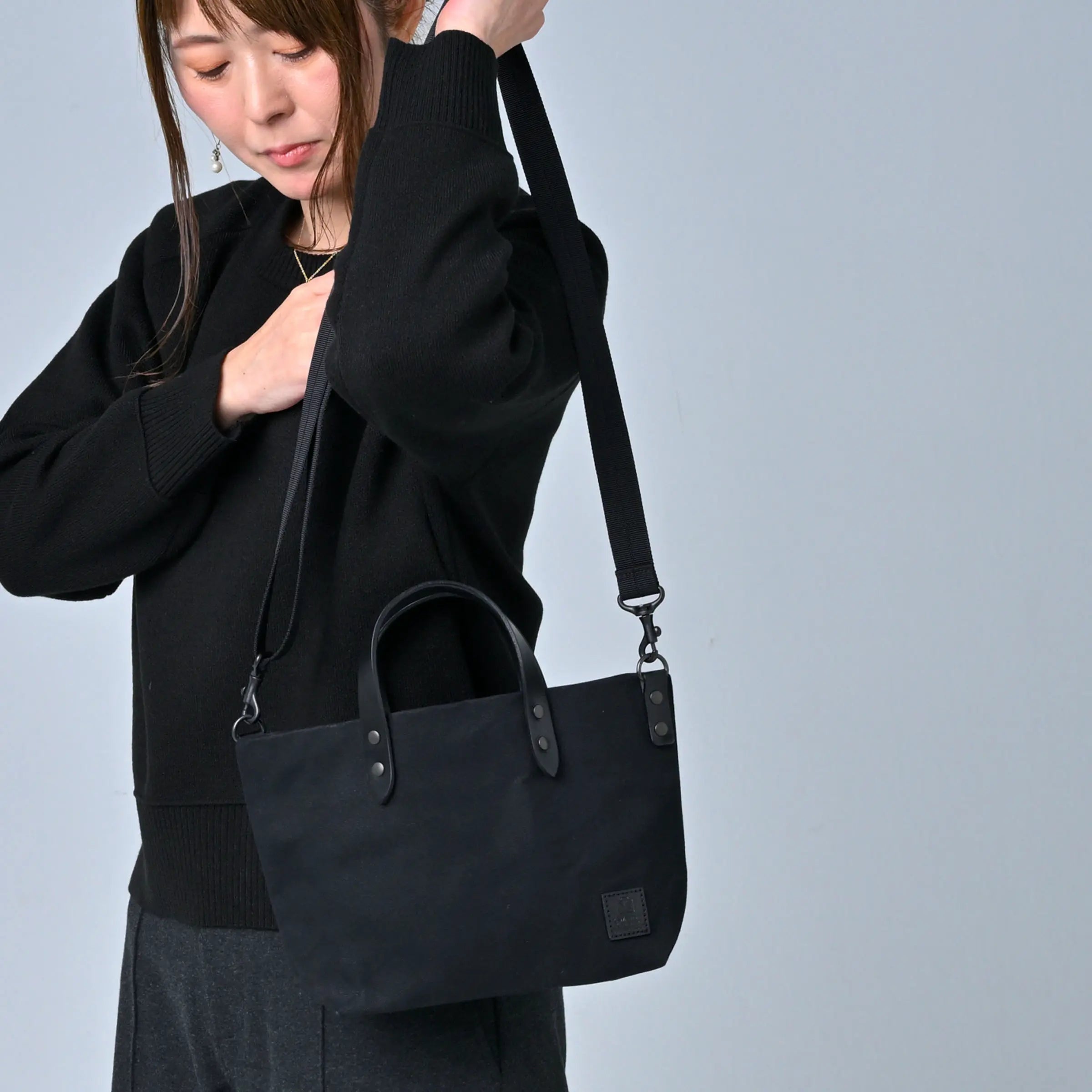 かわいいミニトート×レザーハンドル 帆布ブラック【minimon