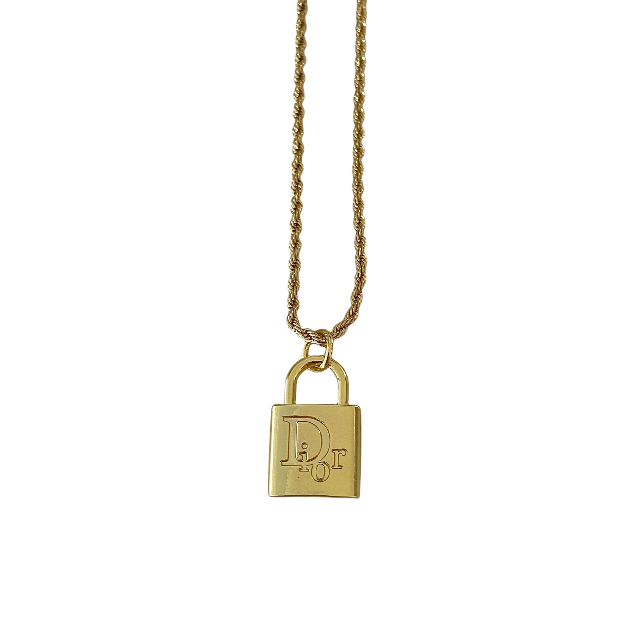 Vintage CHRISTIAN DIOR Logo Cadena Padlock Key Pendant Chain Gold Necklace  For Sale at 1stDibs