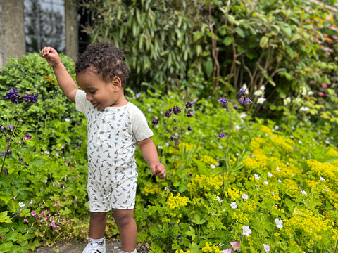 toddler in romper standing infront of summer flower bed