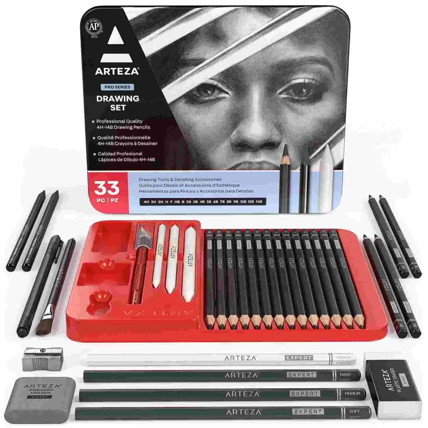 52 Piece Professional Drawing Set with 2 x 50 Page Drawing Pad, Art  Supplies, Graphite Drawing Pencils and Sketch Set, Artist Sketching Tools  in Tin Box Includes Charcoals,Pastels and Sharpener