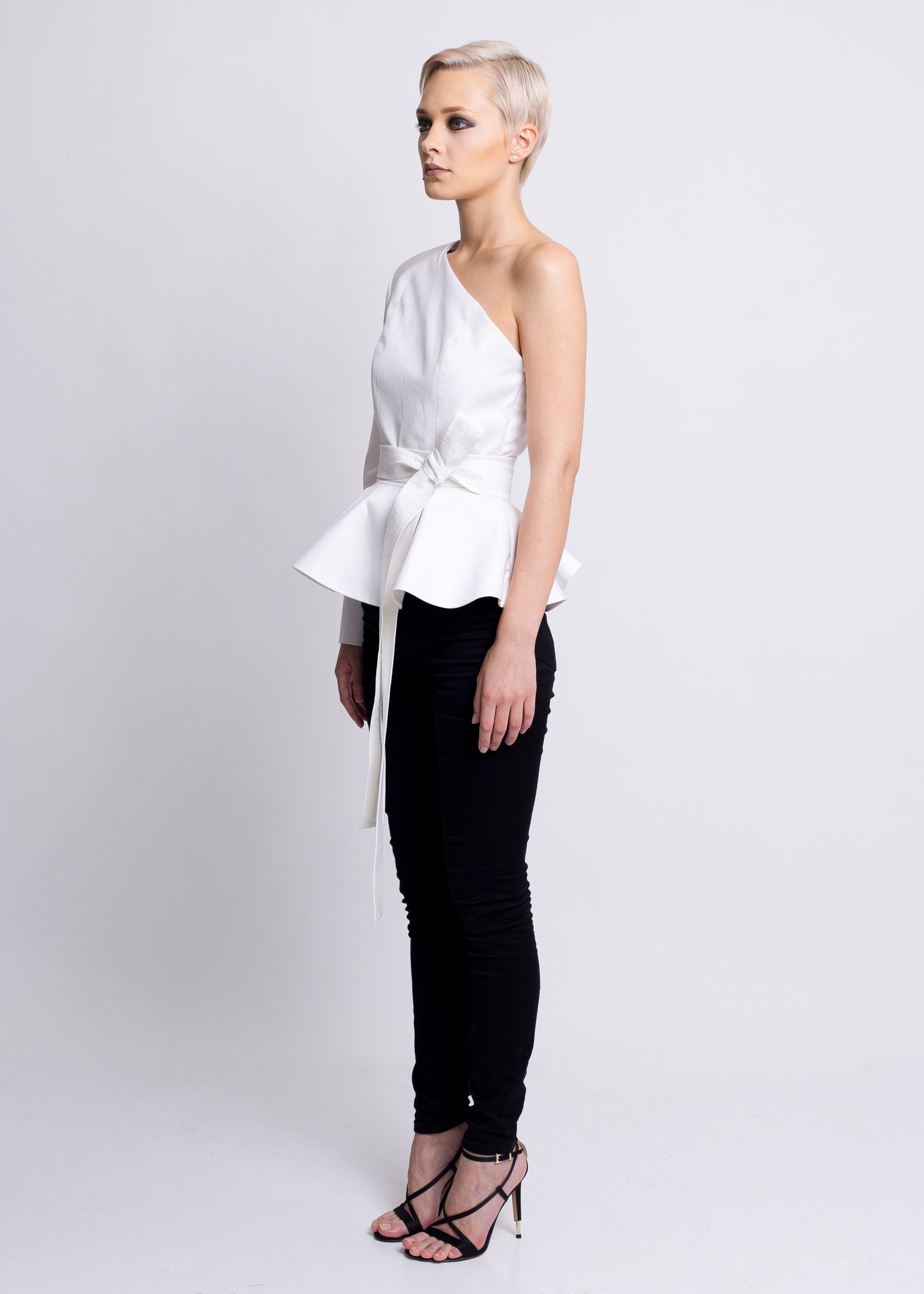 One shoulder peplum top with padded shoulder - Silvia Teh