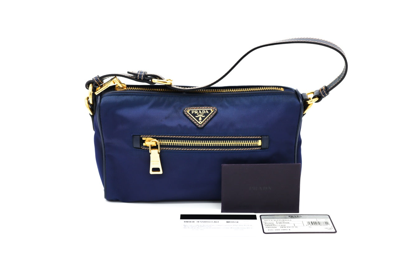 Prada Dark Blue Tessuto Baguette with Saffiano Leather – TheRarityBoutique