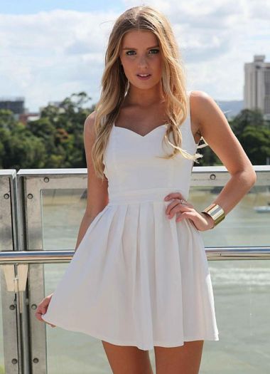 White Heart Cutout Dress with Fitted Bodice & Pleated Skirt | UsTrendy
