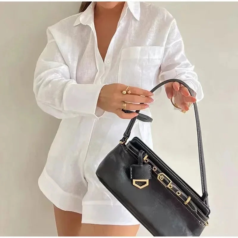 Button Pocket Short Pant Women's Sets with Lapel Long Sleeves - Image 6