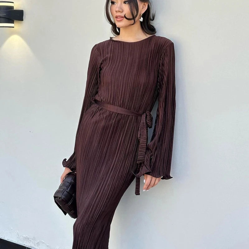 Pink Pleated Long Sleeve O-Neck Dress Women's Ankle-Length Fashion - Image 4