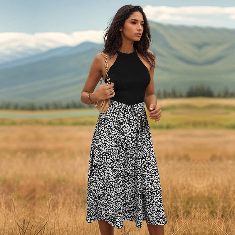 Summer Printed Two-piece Patchwork Dress with Backless Vest - Image 4