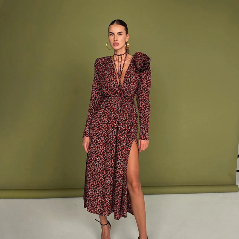 Floral Print Deep V-Neck Midi Dress for Women