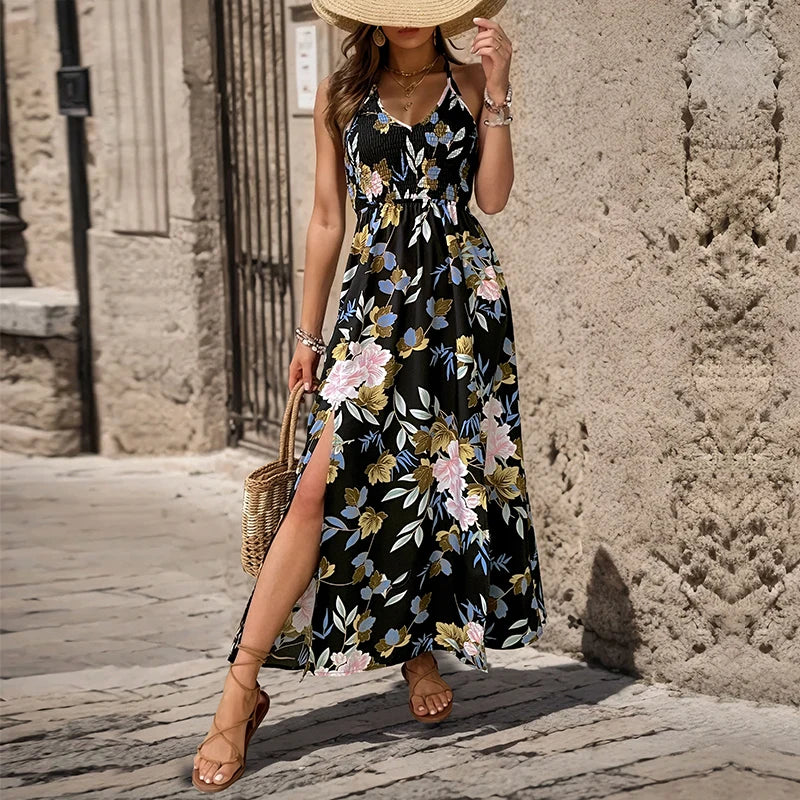Summer Lace Up Long Sleeve Print Backless Split Dress