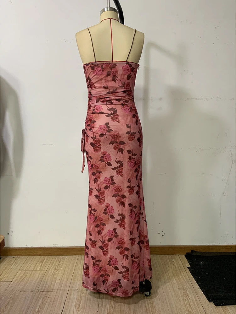 Summer Floral Print Spaghetti Strap Backless Dress, Elegant Square Neck - Image 6
