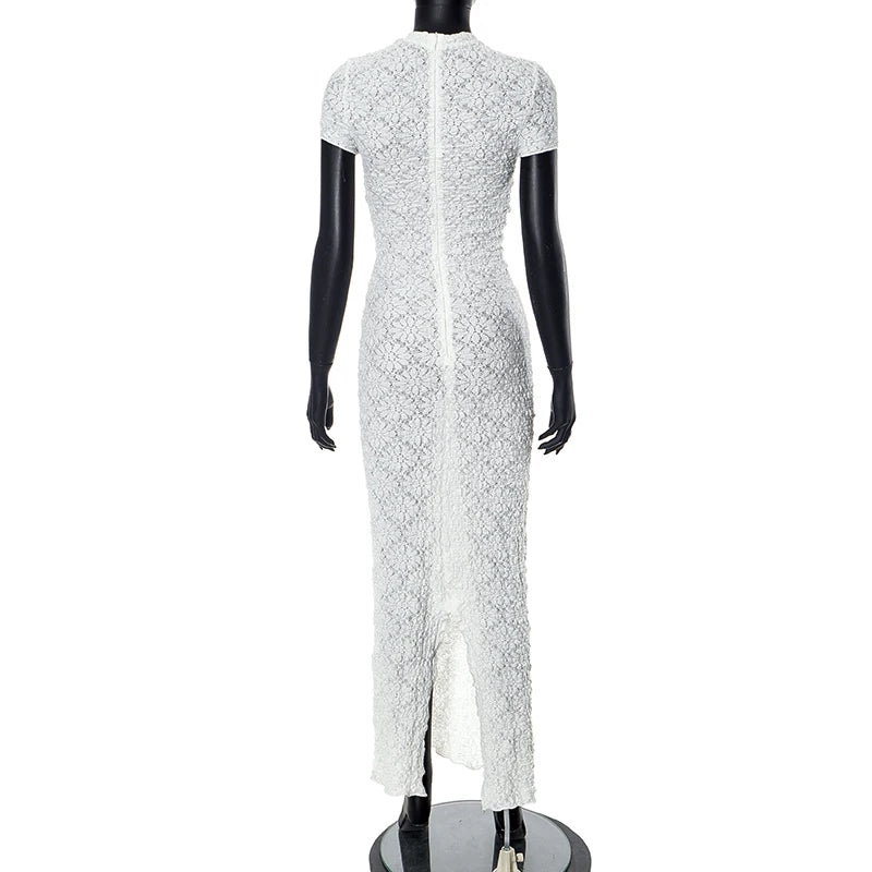 White Short Sleeve Lace Pleat O Neck Dress for Women - Image 5