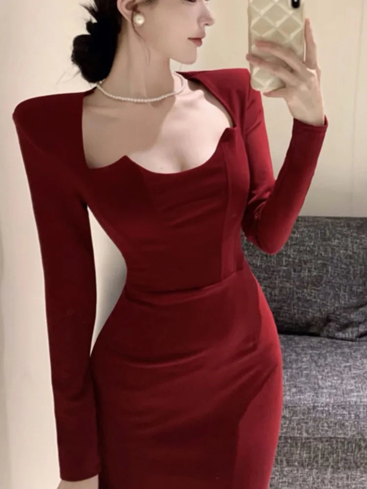 Square Sleeve Wrap Slit Midi Dress for Autumn Evening Party