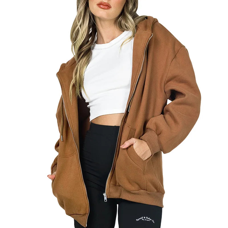 Spring Women's Loose Zipper Hoodie Coat with Pockets - Image 8