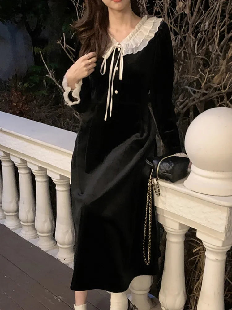 Elegant Velvet Patchwork Midi Dress for Autumn Winter Women