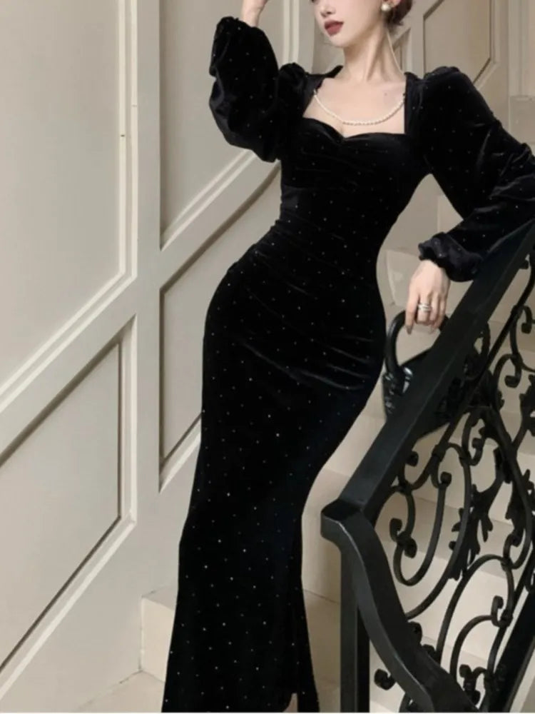 Velvet Square Collar Lantern Sleeve Mermaid Evening Party Dress - Image 6