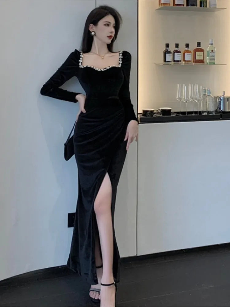 Black Bodycon Evening Dress Women Winter Vintage Fishtail Vestidos - Image 5