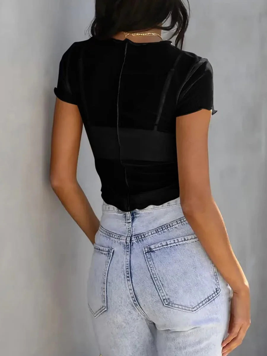 Short Sleeve Crew Neck Solid Color Casual Pullover Crop Tops - Image 5