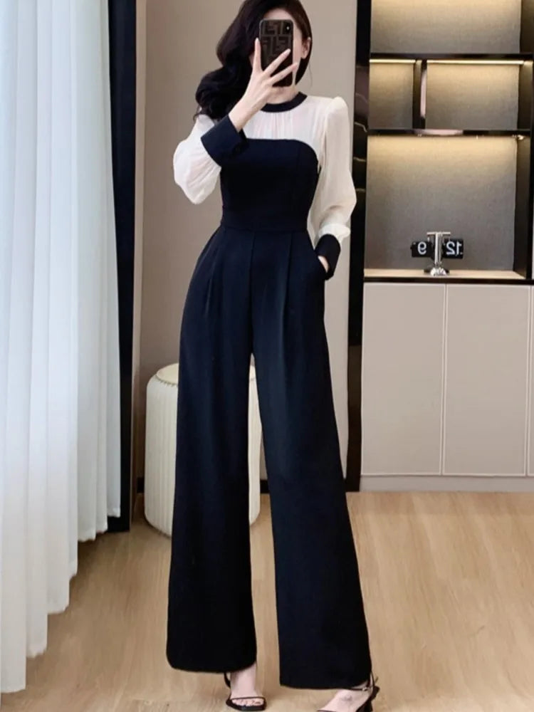 Women's Spring Summer Wide Leg Jumpsuit Long Sleeve Patchwork Office Overalls
