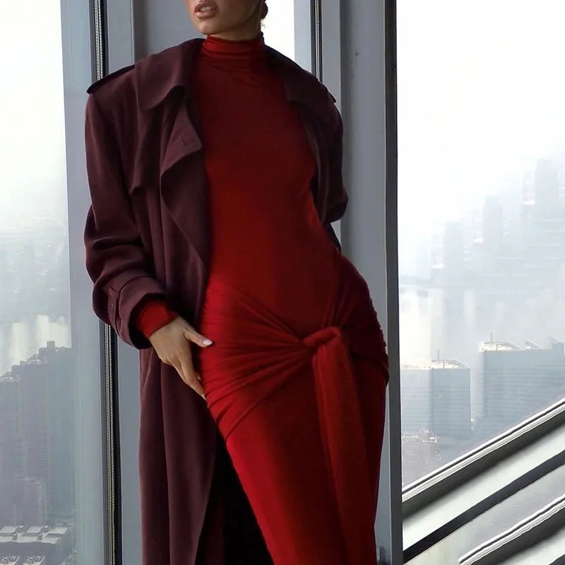 Strappy Ruched Turtleneck Evening Dress in Black and Red - Image 7