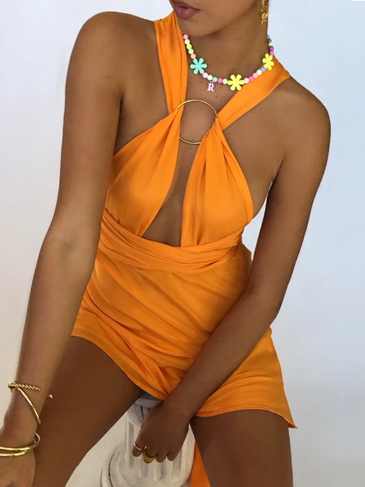 Metal Ring Cross Bandage Mini Dress for Women - Sleeveless Slim Fit Evening Dress
