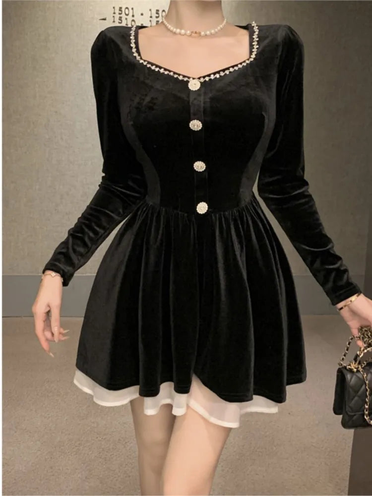 Black Velvet Mini Dress Long Sleeve Square Collar Party Dress