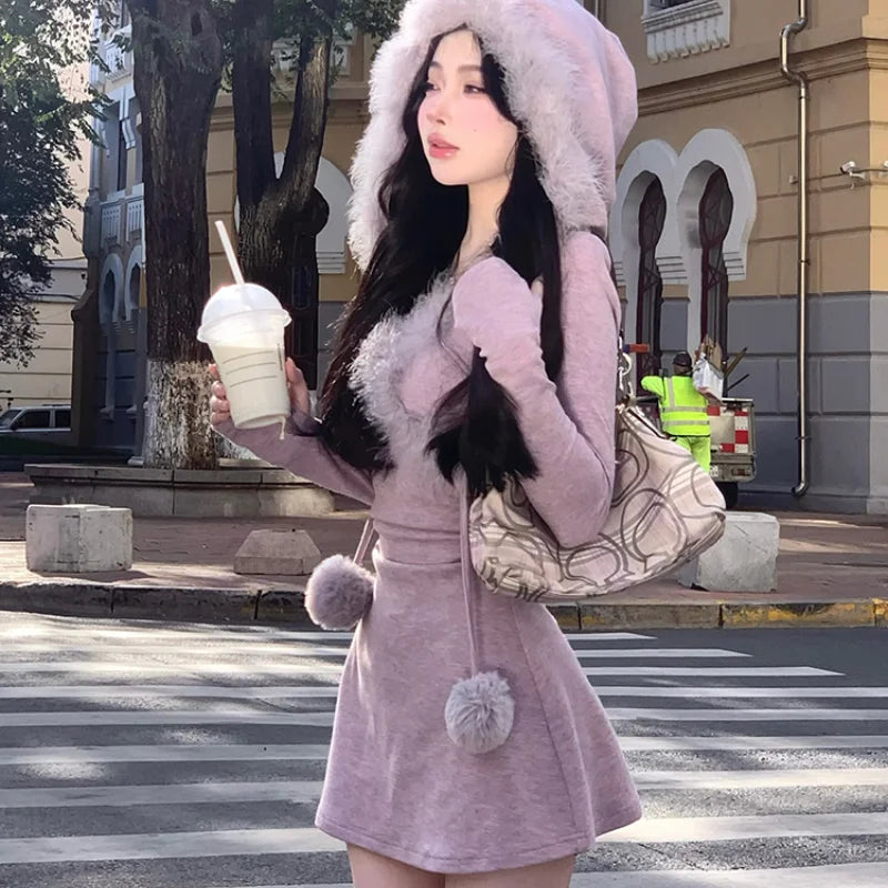 Bodycon Hooded Knitted Mini Dress for Women, Autumn Casual Slim