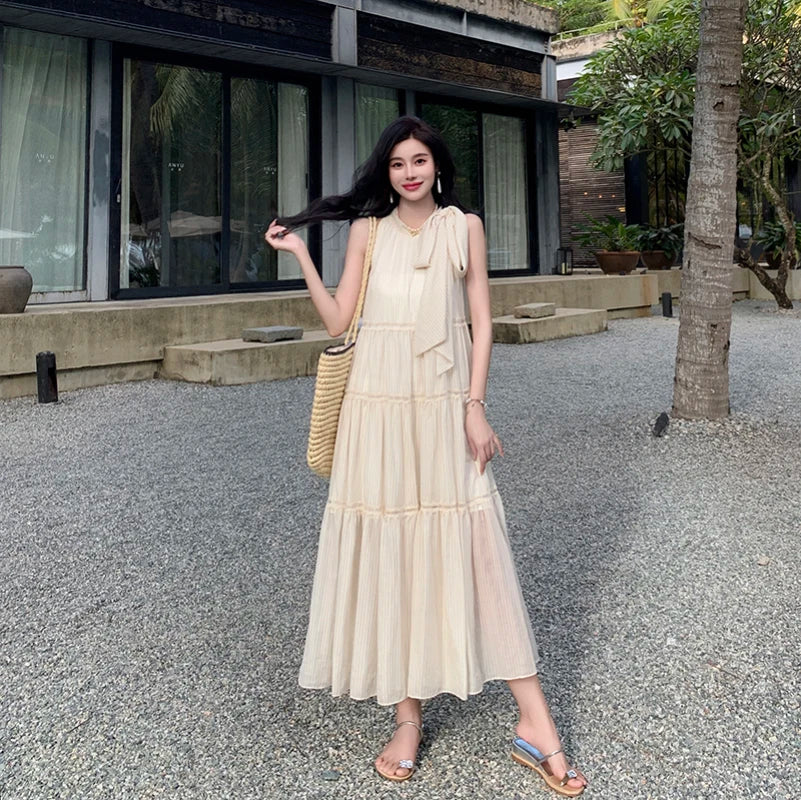 Striped chiffon midi dress perfect for summer beach wear. - Image 5