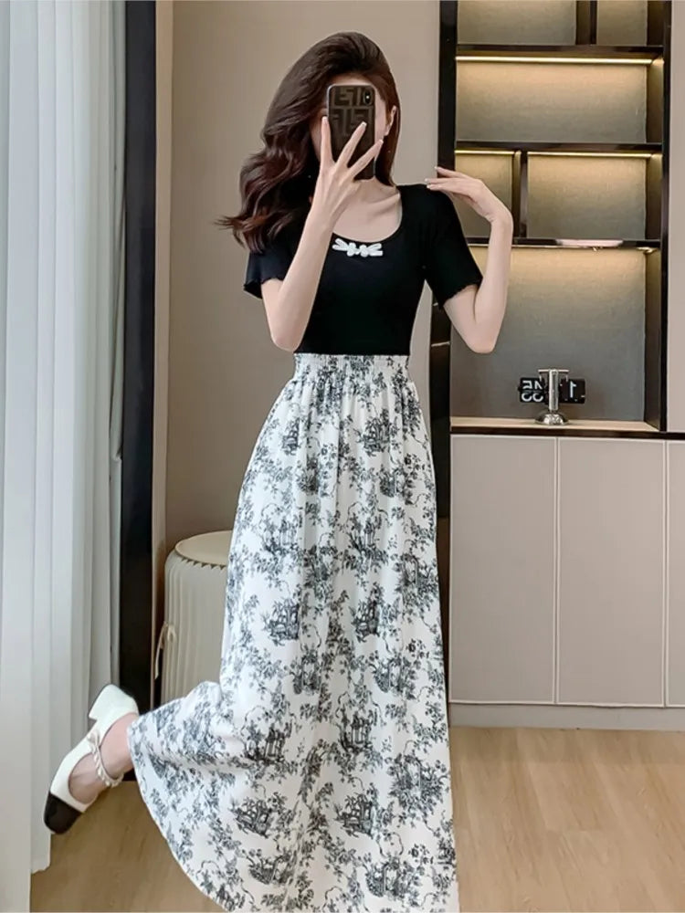 Vintage Floral Patchwork A-line Dress, Chinese Style, Elegant Summer - Image 4