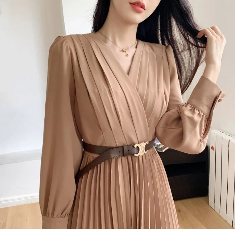 Stylish Pleated Midi Dresses for Women | V-neck Long Sleeve - Image 6