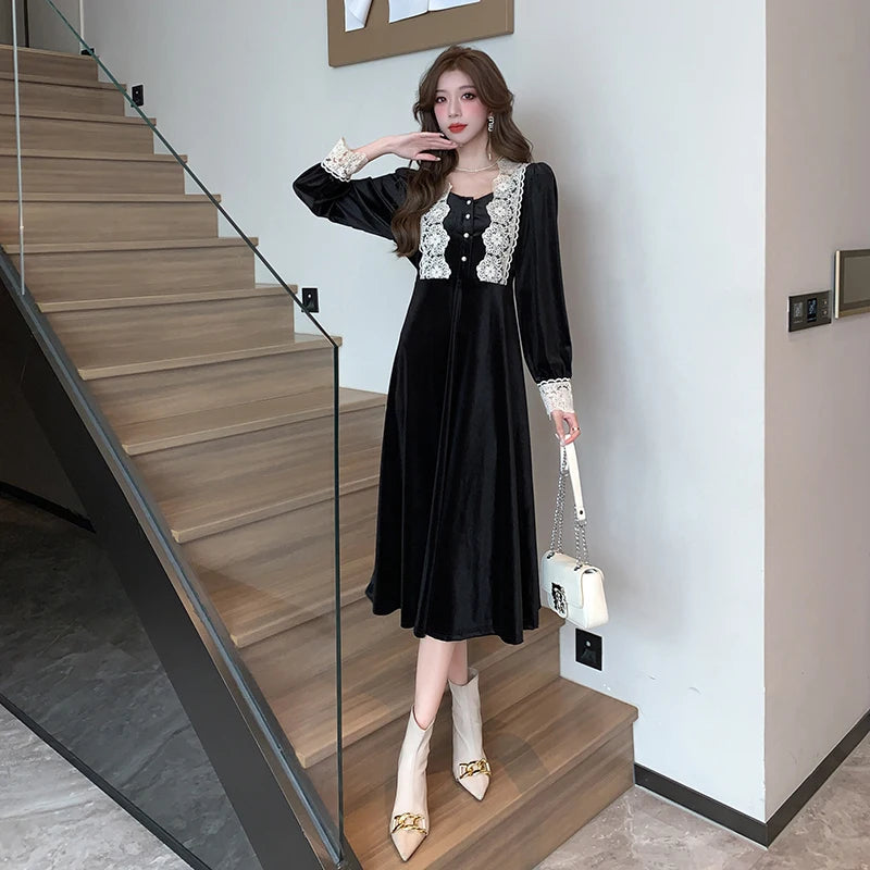 Black Velvet Long Sleeve Midi Dress for Autumn/Winter Events - Image 5