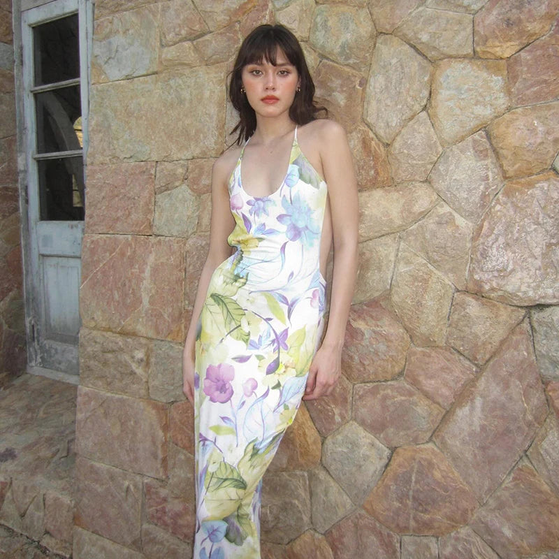 Floral Print Suspender Dress, Women's Backless Shoulder Midi Party Dress - Image 2