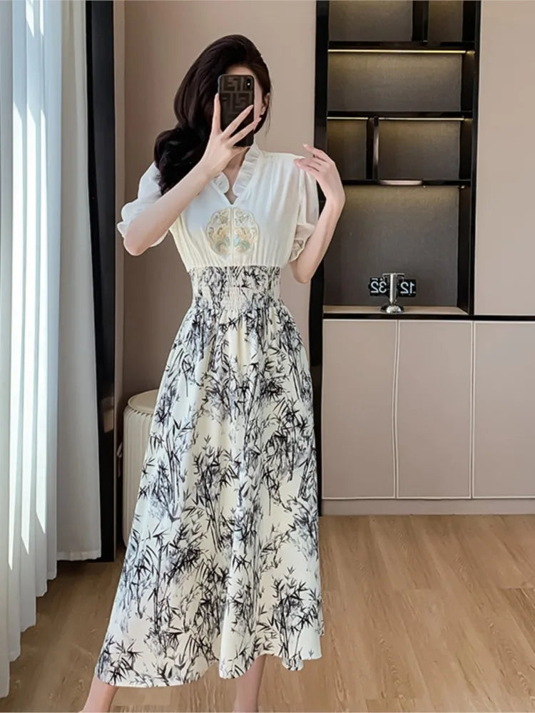 Women's Elegant Midi Dresses Summer Patchwork Ruffles A-line Vestidos - Image 6
