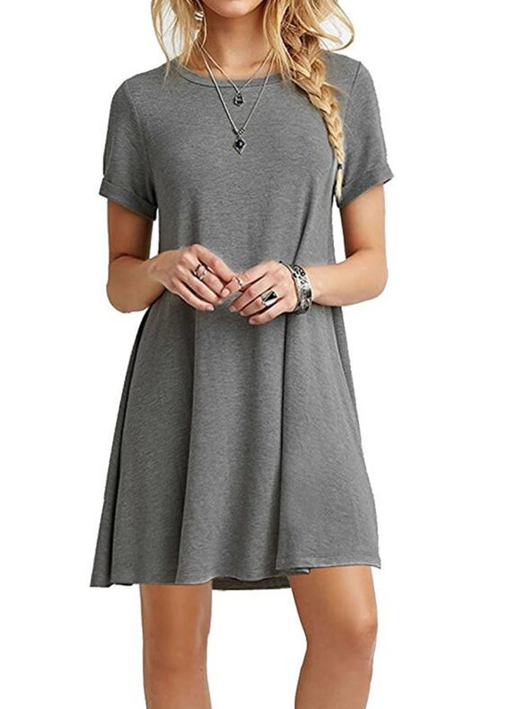 Solid Color Swing Round Neck Short Sleeve Casual Mini Dress - Image 4