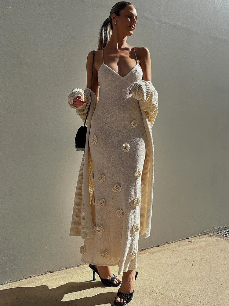 White 3D Floral Maxi Dress Women's Fashion Backless Sleeveless - Image 5