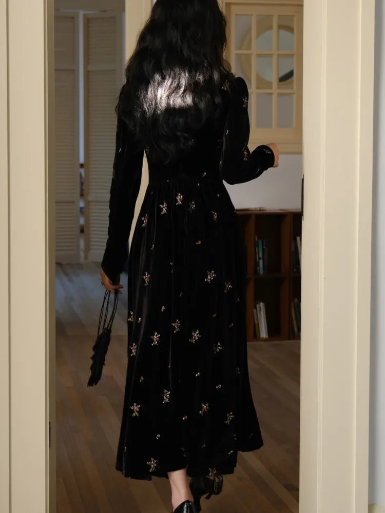 Velvet Midi Dress Women Long Sleeve V-neck Floral Vintage - Image 4