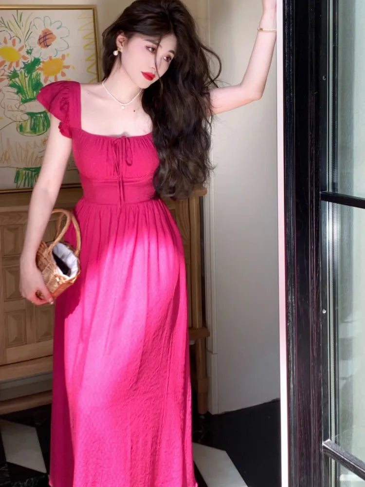 Vintage Square Collar Midi Dresses for Women High Waist, Casual