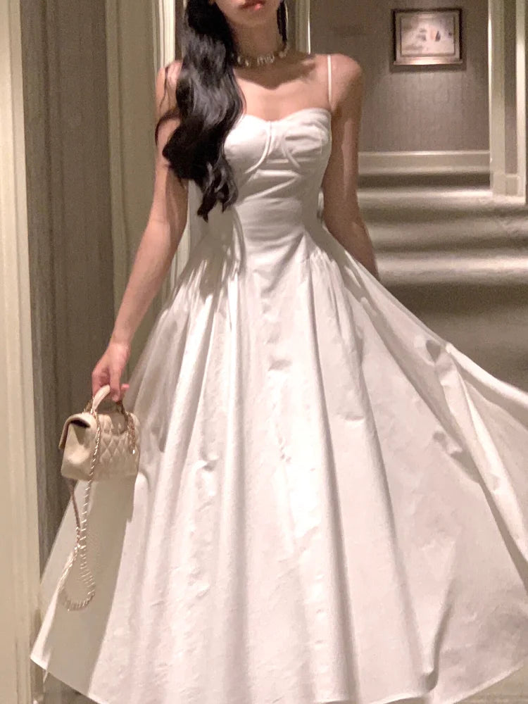 White Holiday Midi Dresses - Vintage Spaghetti Strap A-line Party Wear