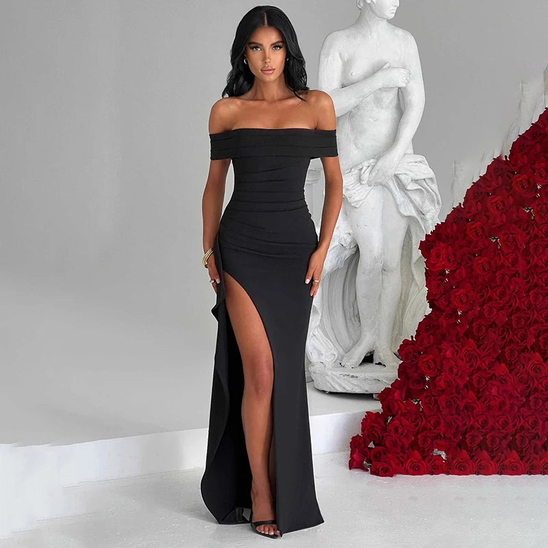 Black Slash Neck Formal Dress for Wedding Guest in Champagne