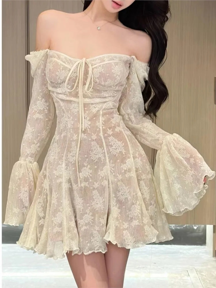 French Sexy Lace Mini Dress Off-Shoulder Ruffles A-Line Party Dress