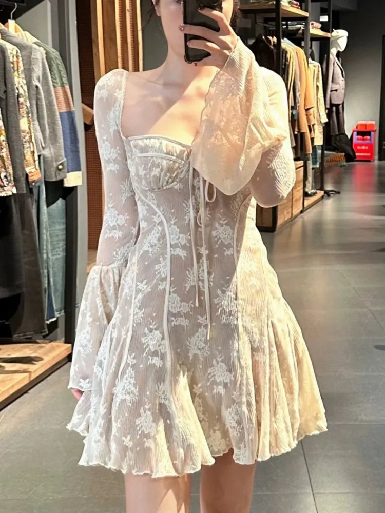 French Sexy Lace Mini Dress Off-Shoulder Ruffles A-Line Party Dress - Image 5