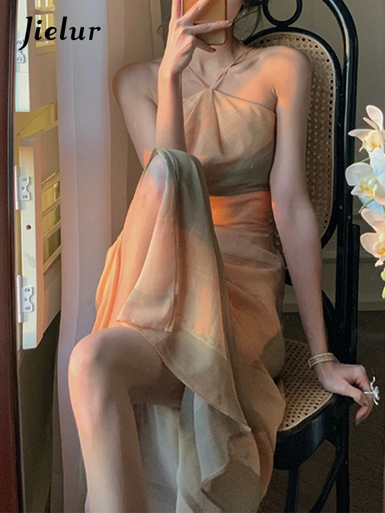 French Vintage Chiffon Split Backless A-line Light Blue Dress - Image 7