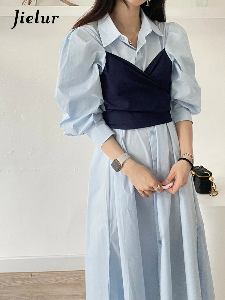Colorful Contrast Chic Dresses for Women, Blue White Fashion - Image 3