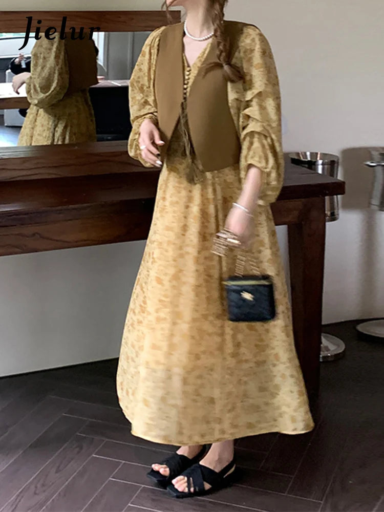 Chic Floral Two Piece Yellow Autumn Dress - Women's Fashion - Image 5