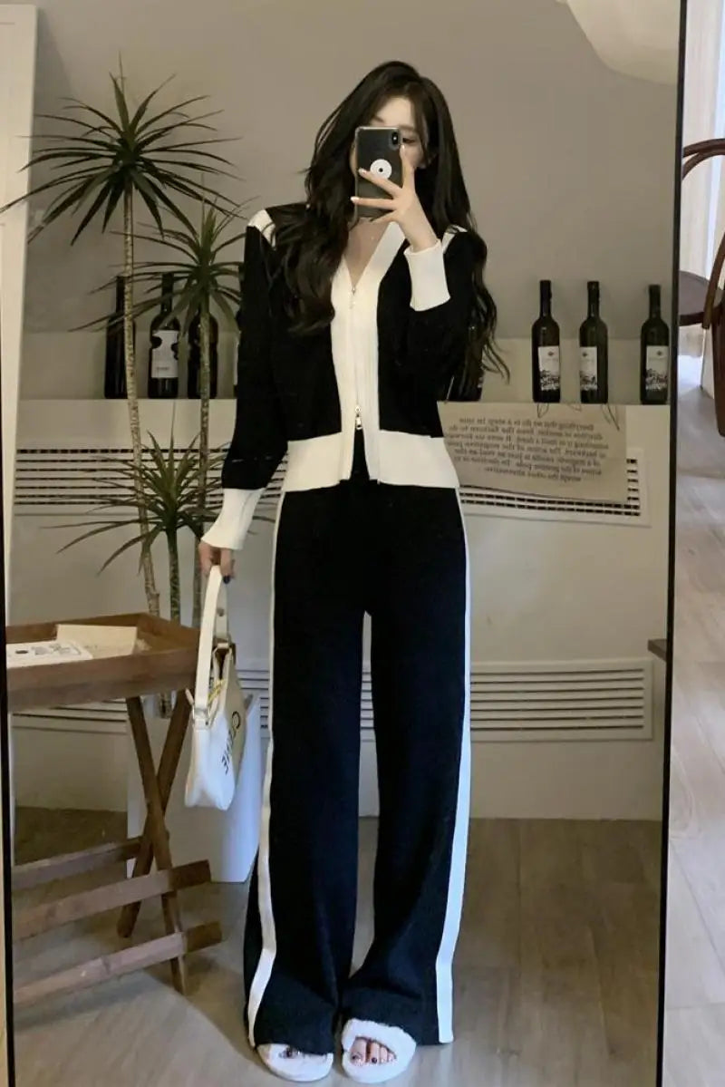 Korean Fashion Women's Knitted Suit V-neck Zip Cardigan Pants - Image 6