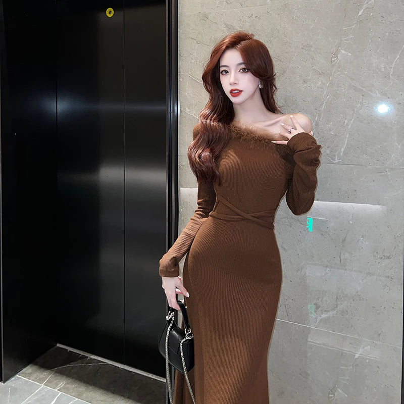 Korean Sexy Patchwork Knitted Midi Dress for Women, Elegant Partywear - Image 3
